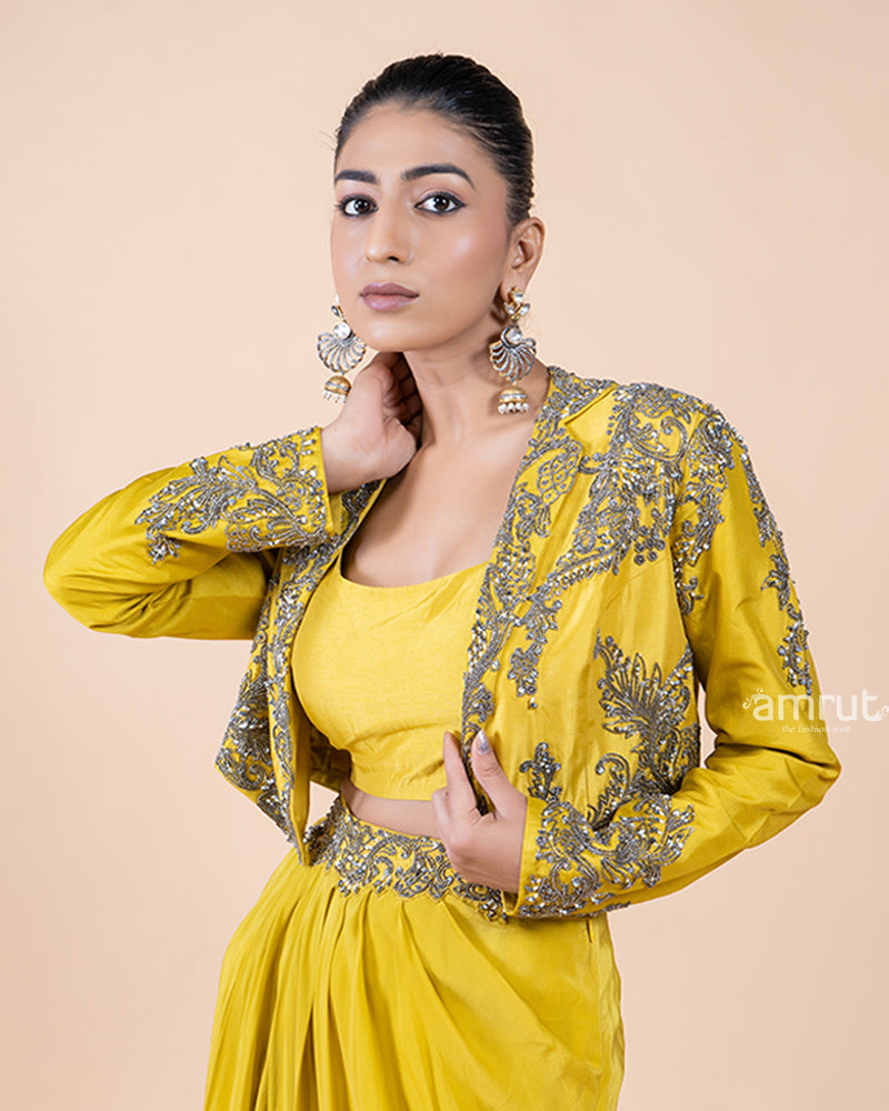 Sunny Yellow Drape Skirt Set with Matching Top and Graceful Jacket(02)