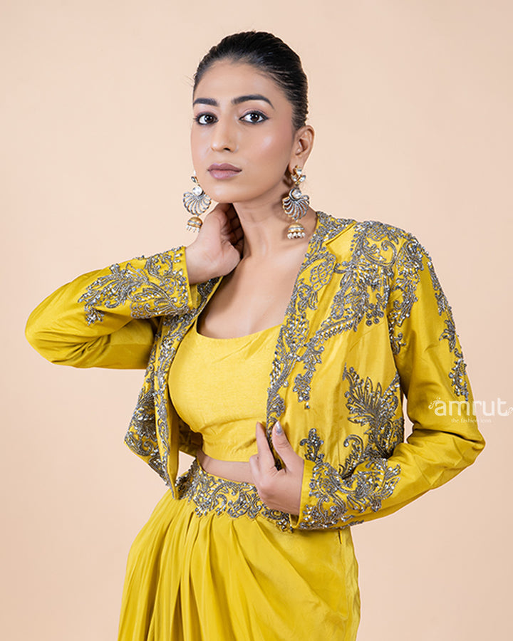 Sunny Yellow Drape Skirt Set with Matching Top and Graceful Jacket(02)