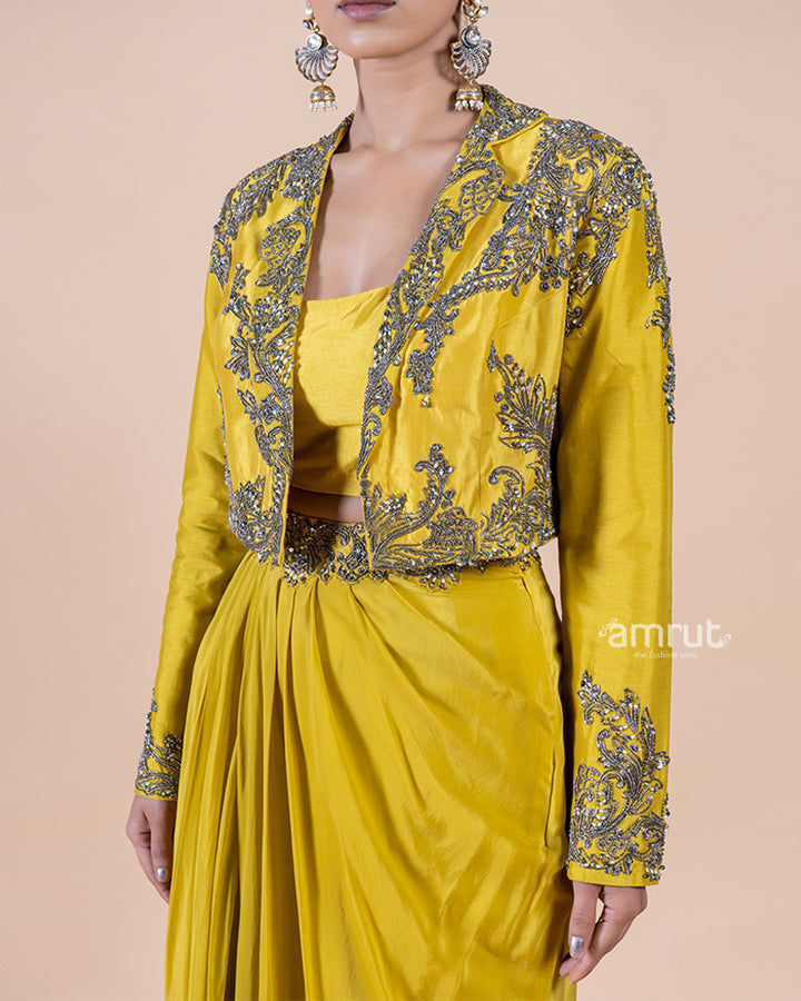 Sunny Yellow Drape Skirt Set with Matching Top and Graceful Jacket(03)