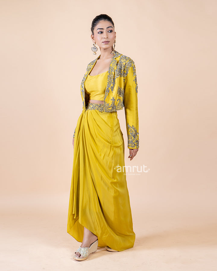 Sunny Yellow Drape Skirt Set with Matching Top and Graceful Jacket(04)