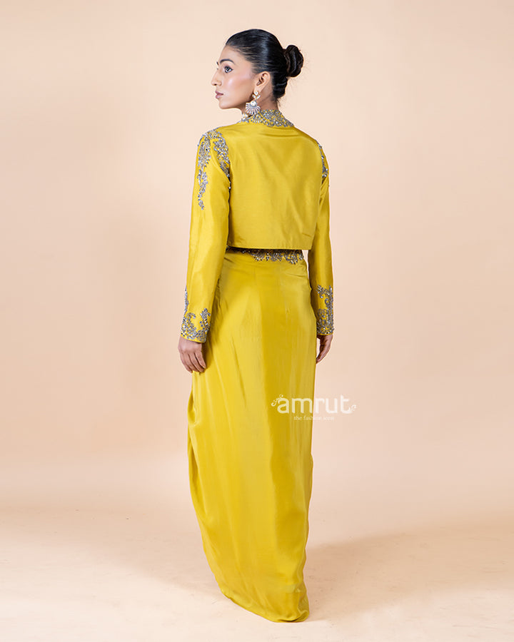 Sunny Yellow Drape Skirt Set with Matching Top and Graceful Jacket(05)