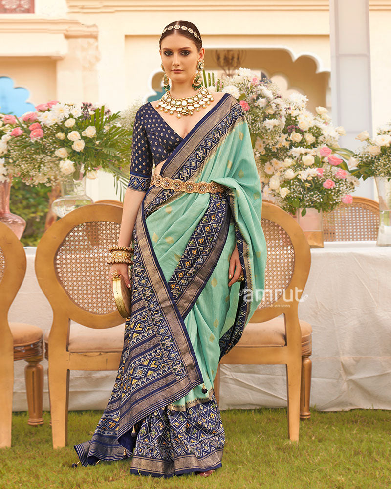 Surf Green and Blue Border Silk Saree with Unstitched Blouse and Belt 01