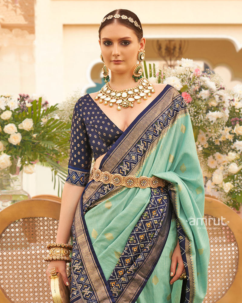 Surf Green and Blue Border Silk Saree with Unstitched Blouse and Belt 02