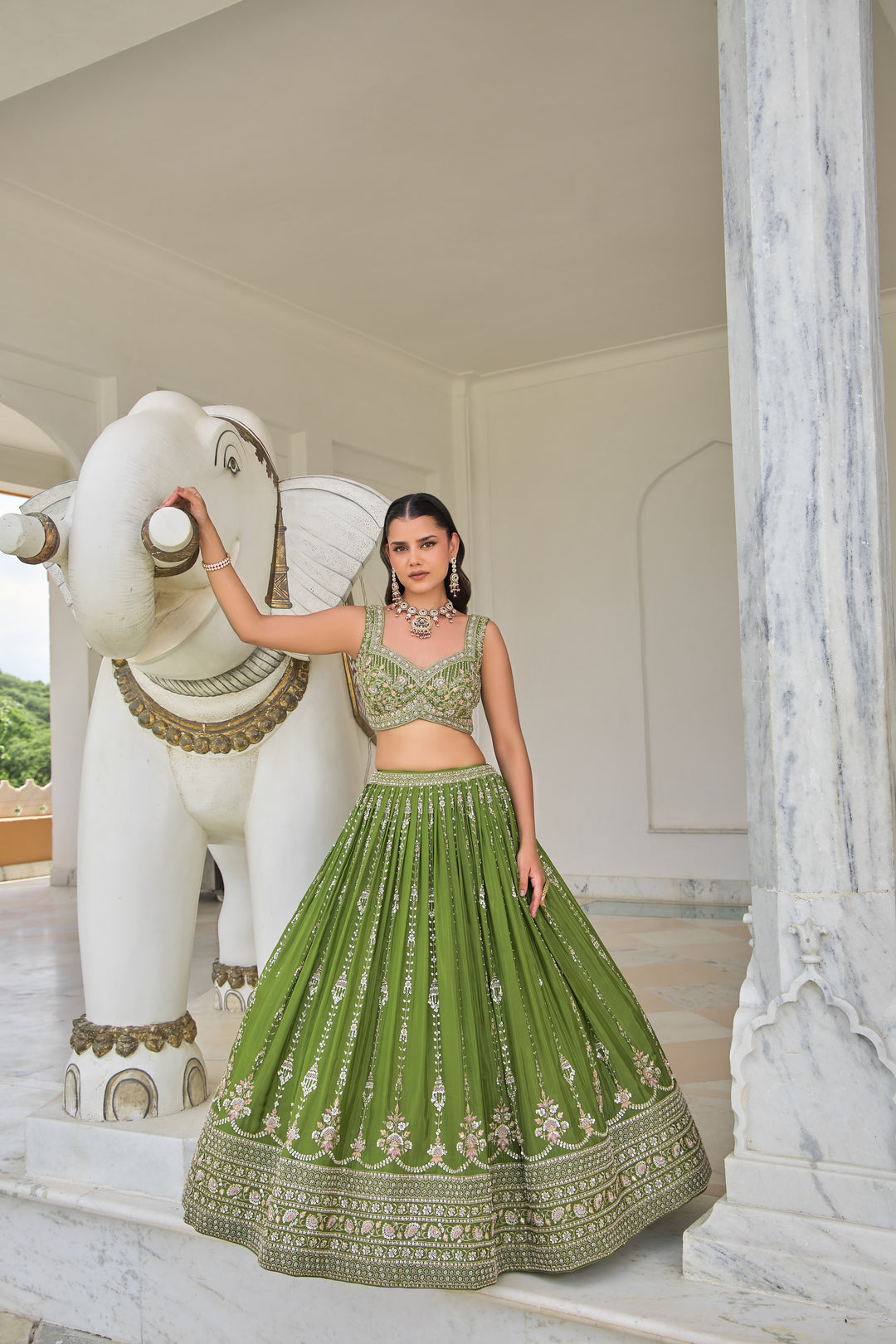 Emerald Green Heavy Embroidered Indo-Western Designer Lehenga Set