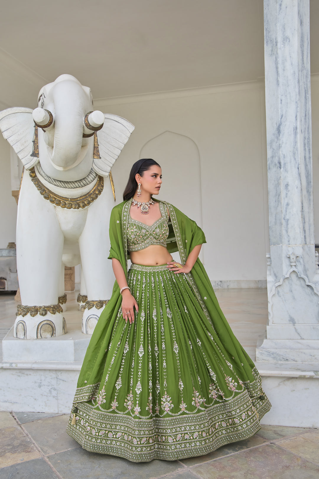 Emerald Green Heavy Embroidered Indo-Western Designer Lehenga Set