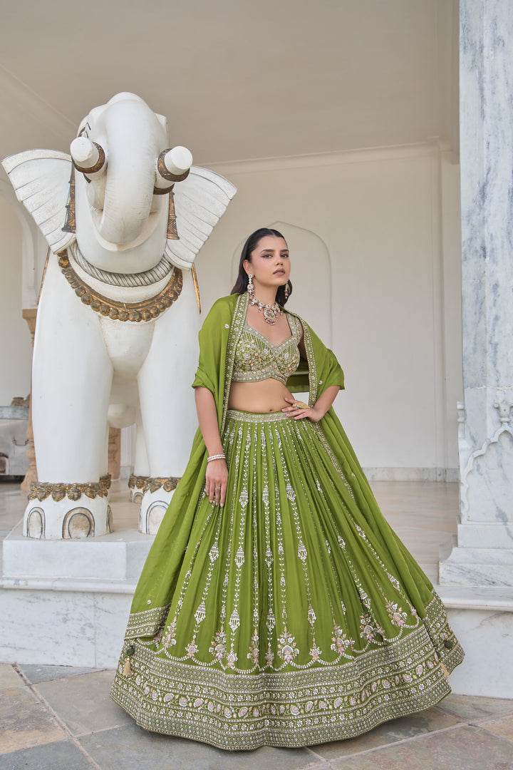 Emerald Green Heavy Embroidered Indo-Western Designer Lehenga Set