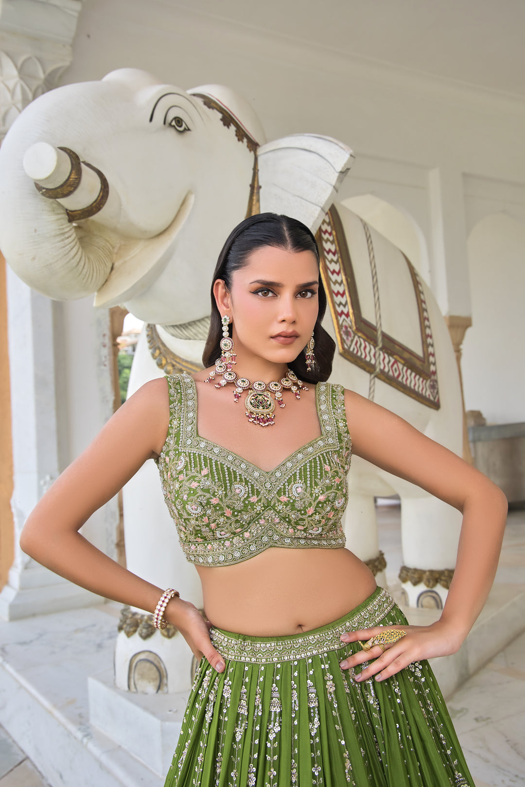 Emerald Green Heavy Embroidered Indo-Western Designer Lehenga Set