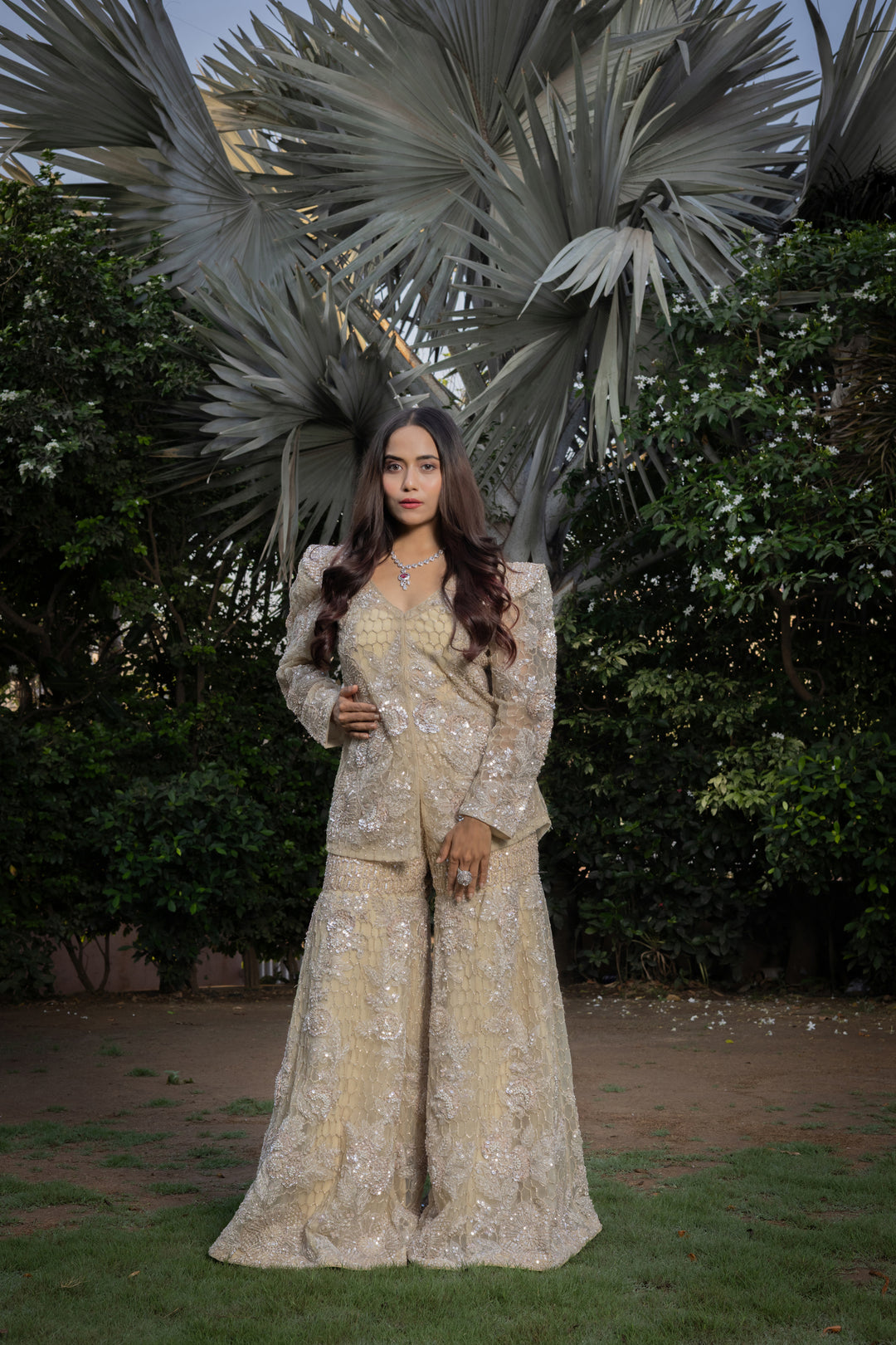 Ivory Embellished Designer Co-Ord Set with Flared Palazzo