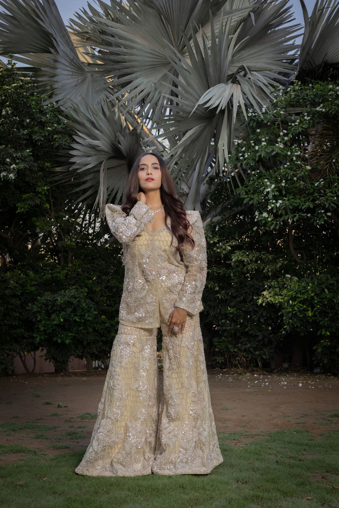 Ivory Embellished Designer Co-Ord Set with Flared Palazzo