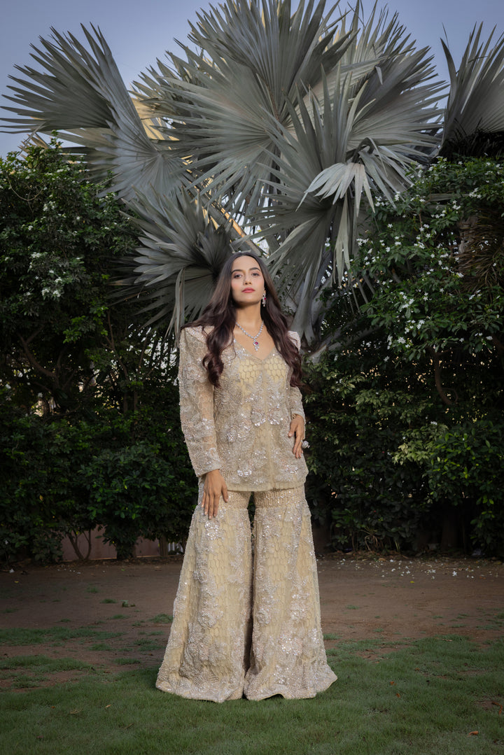 Ivory Embellished Designer Co-Ord Set with Flared Palazzo