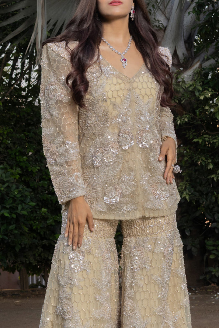 Ivory Embellished Designer Co-Ord Set with Flared Palazzo