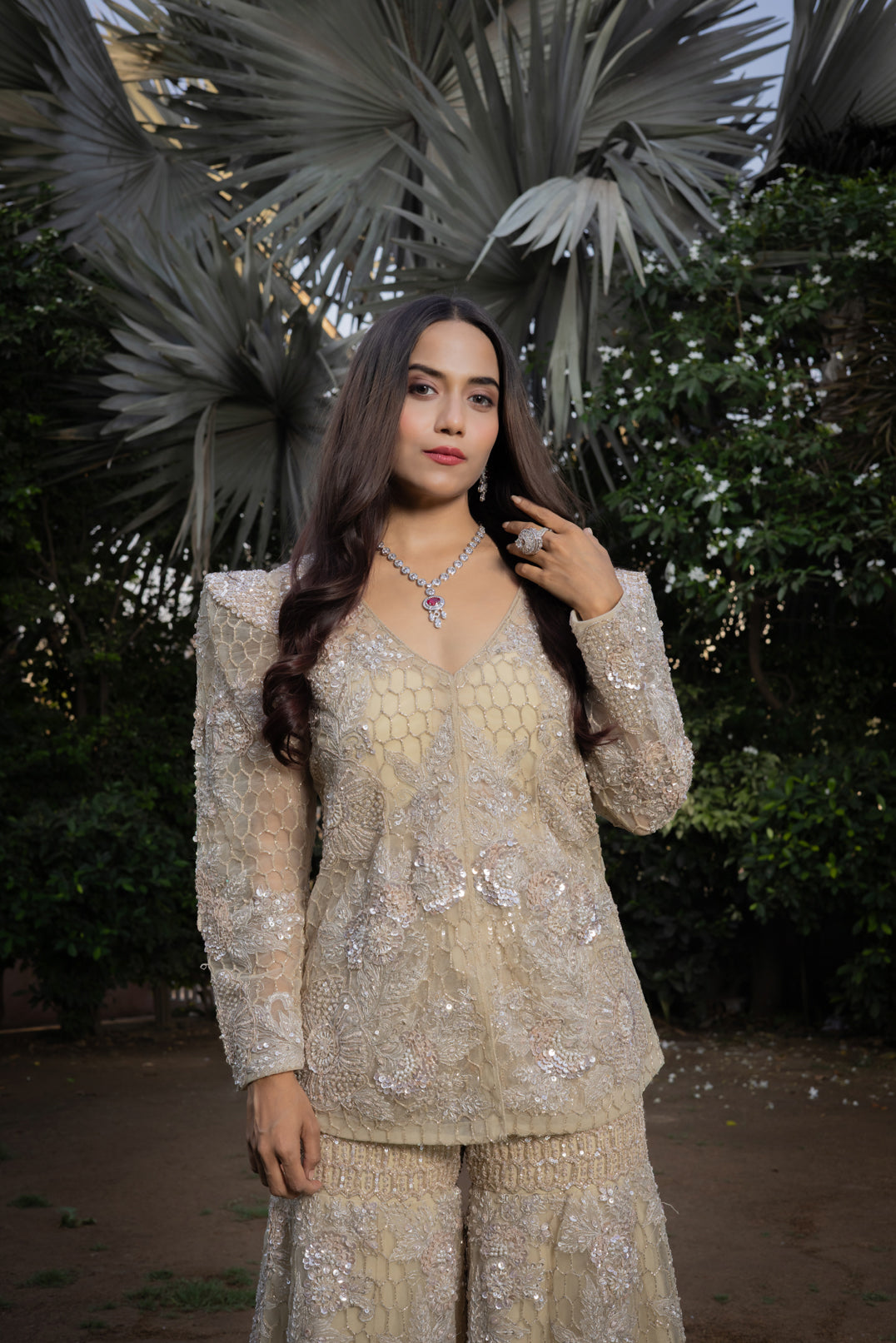 Ivory Embellished Designer Co-Ord Set with Flared Palazzo