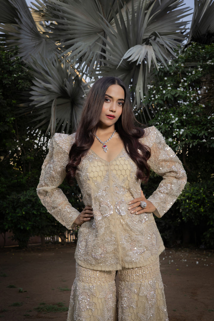 Ivory Embellished Designer Co-Ord Set with Flared Palazzo