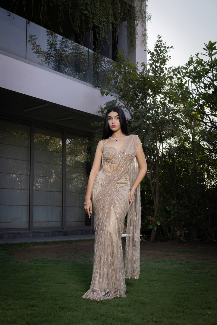 Champagne Gold Hand-Embellished Ready-to-Wear Saree