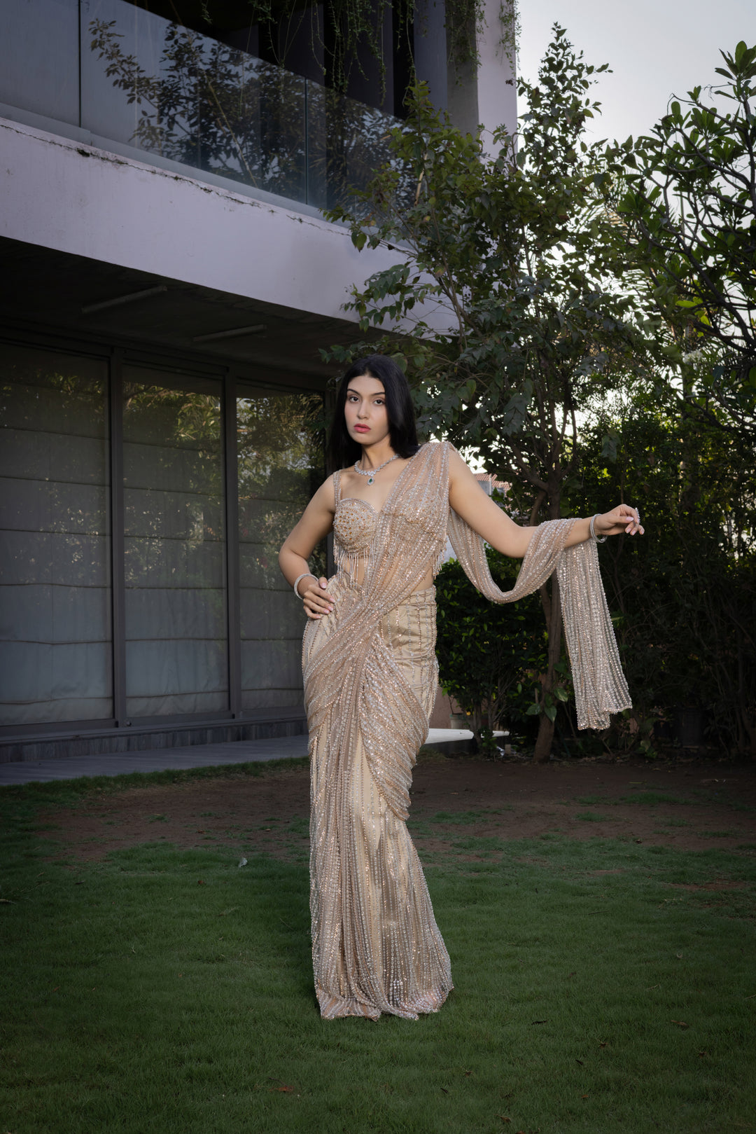 Champagne Gold Hand-Embellished Ready-to-Wear Saree