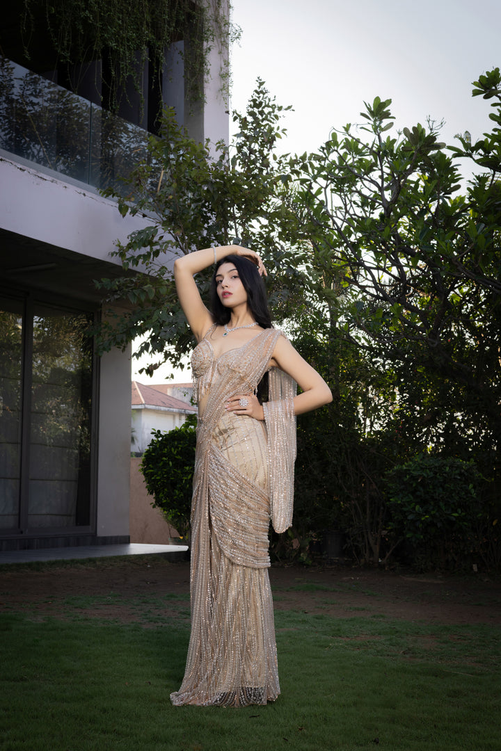 Champagne Gold Hand-Embellished Ready-to-Wear Saree