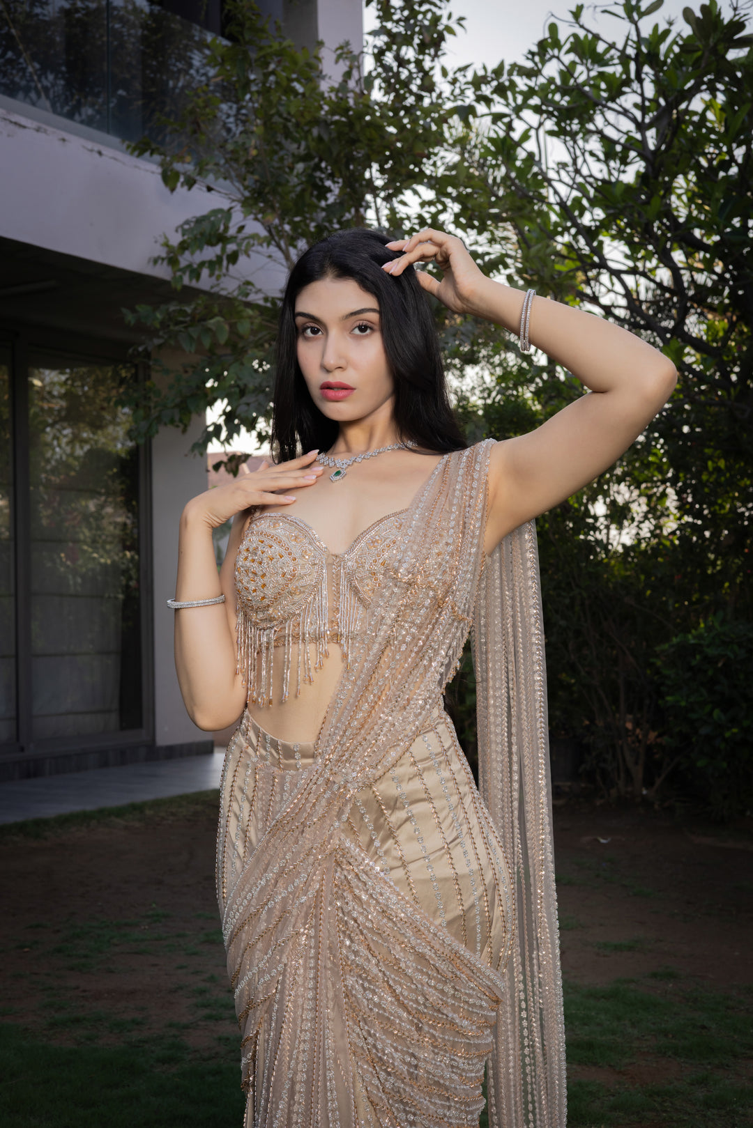 Champagne Gold Hand-Embellished Ready-to-Wear Saree