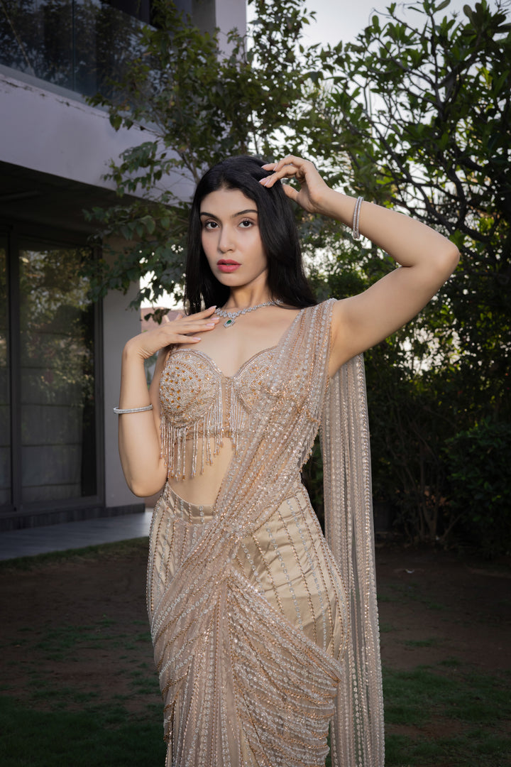 Champagne Gold Hand-Embellished Ready-to-Wear Saree