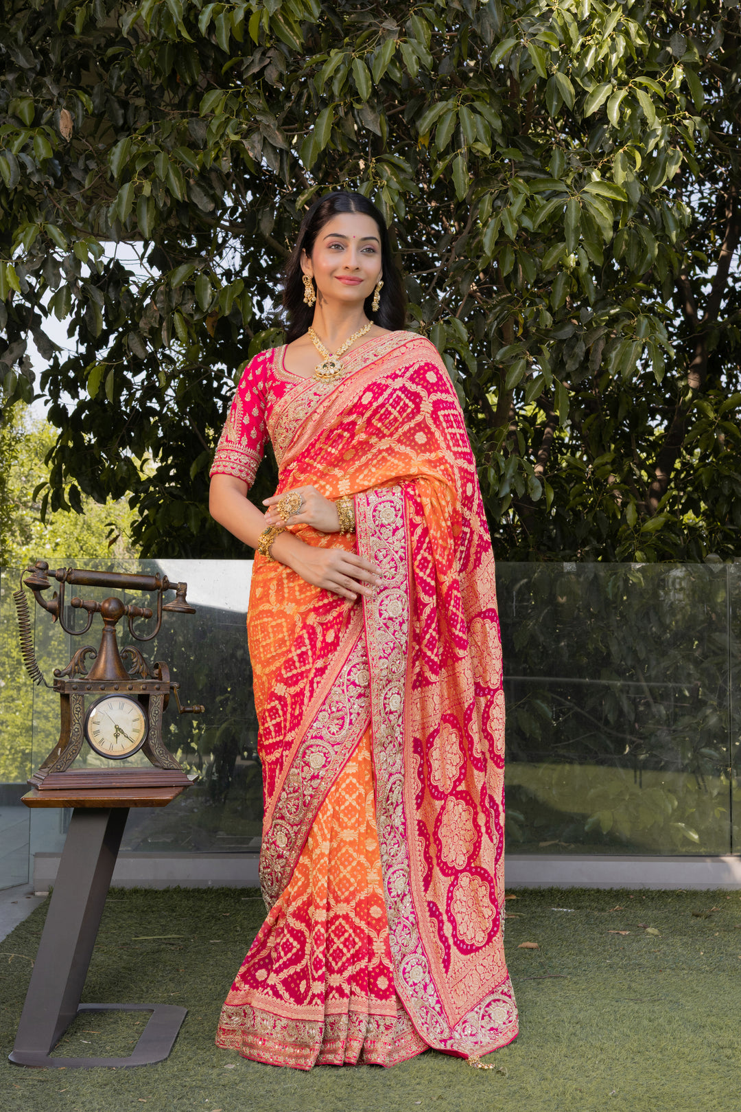 Rani Pink & Orange Bandhani Silk Saree