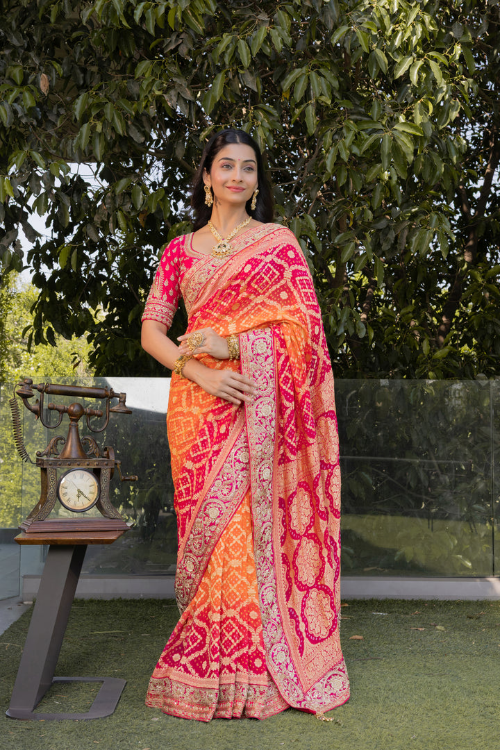 Rani Pink & Orange Bandhani Silk Saree