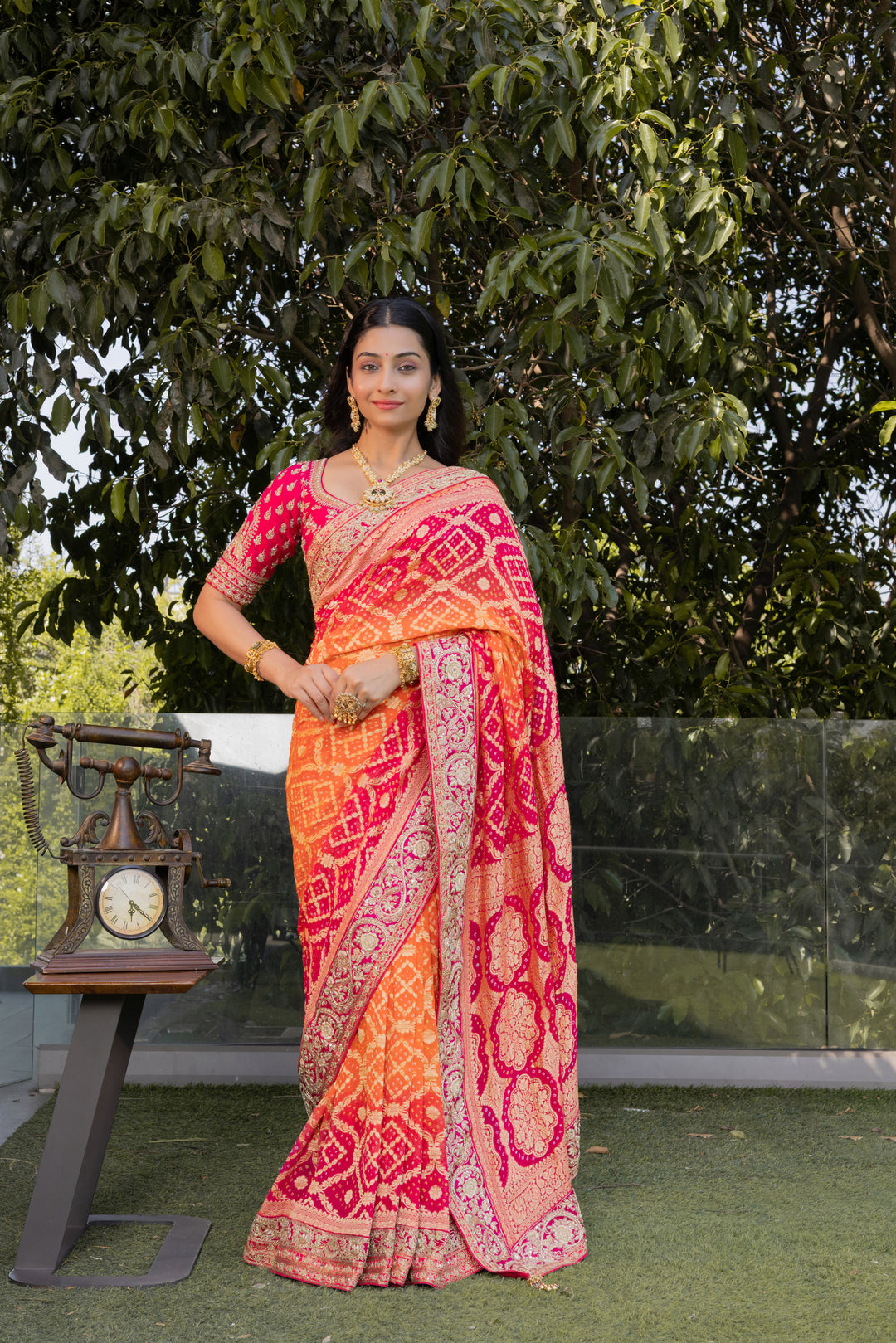 Rani Pink & Orange Bandhani Silk Saree