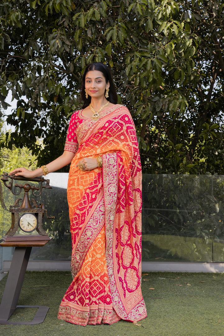 Rani Pink & Orange Bandhani Silk Saree