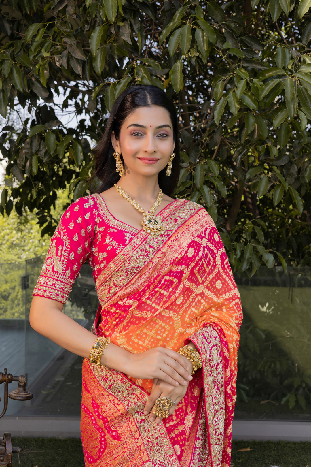 Rani Pink & Orange Bandhani Silk Saree