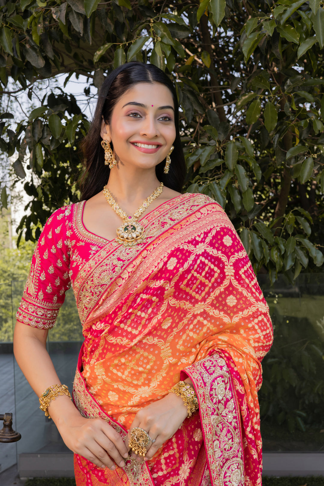 Rani Pink & Orange Bandhani Silk Saree