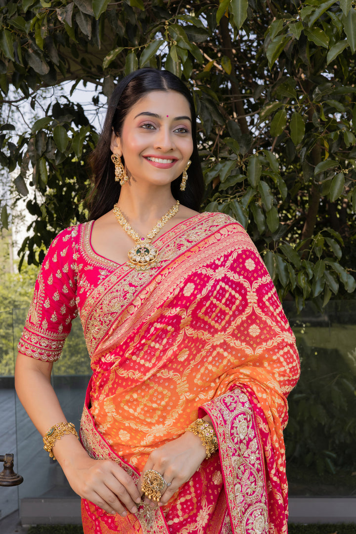 Rani Pink & Orange Bandhani Silk Saree