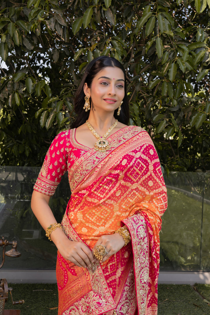 Rani Pink & Orange Bandhani Silk Saree
