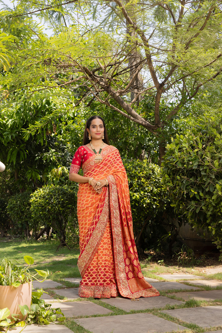 Royal Orange & Rani Pink Banarasi Silk Saree