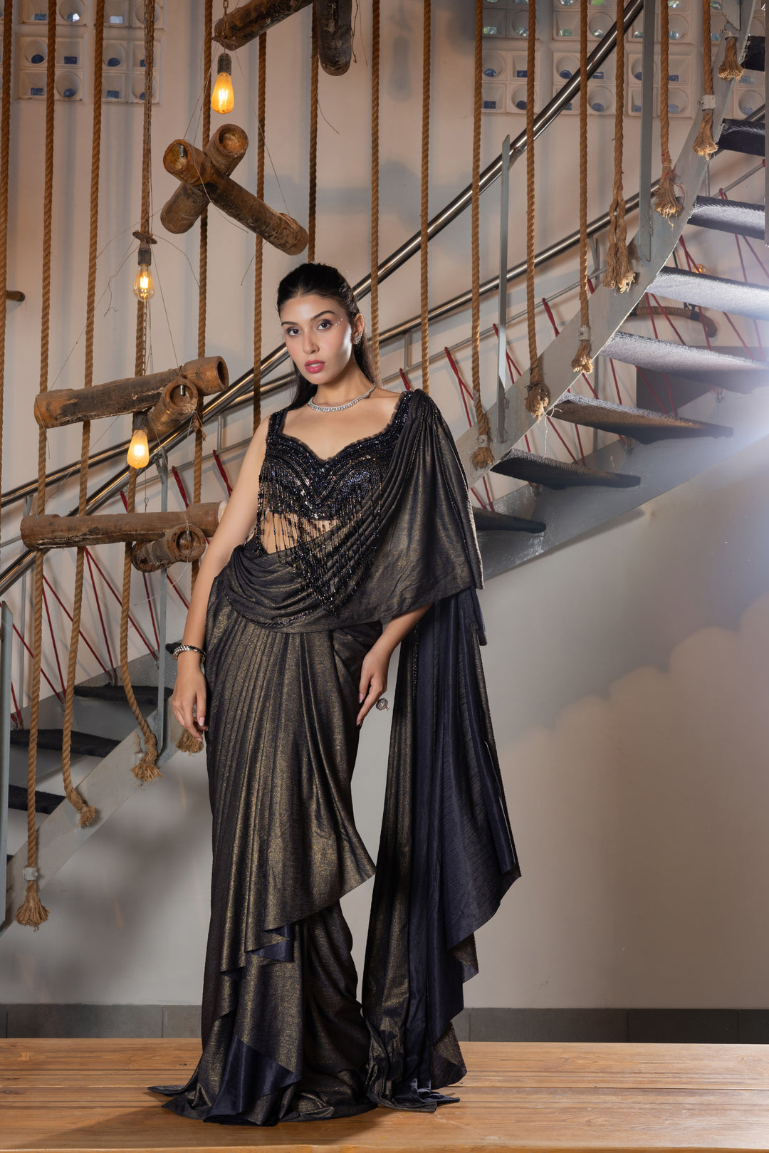 Black Shimmer Designer Ready-to-Wear Saree