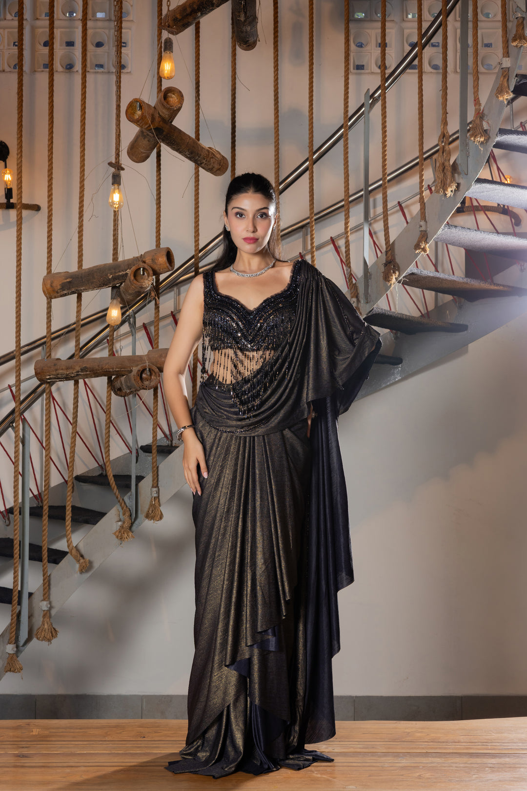 Black Shimmer Designer Ready-to-Wear Saree