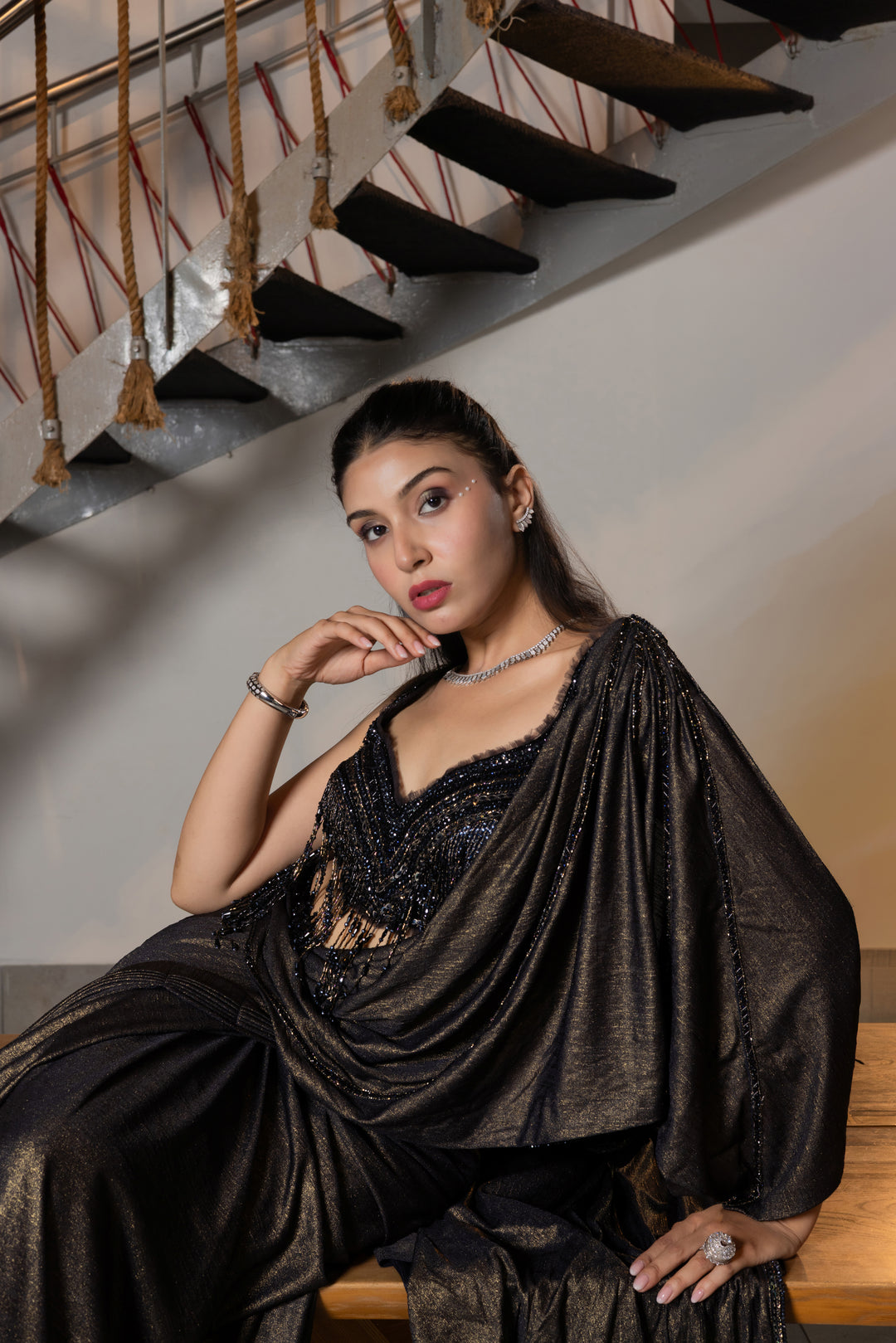 Black Shimmer Designer Ready-to-Wear Saree