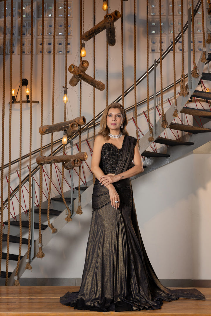 Black Metallic Designer Saree with Corset Blouse