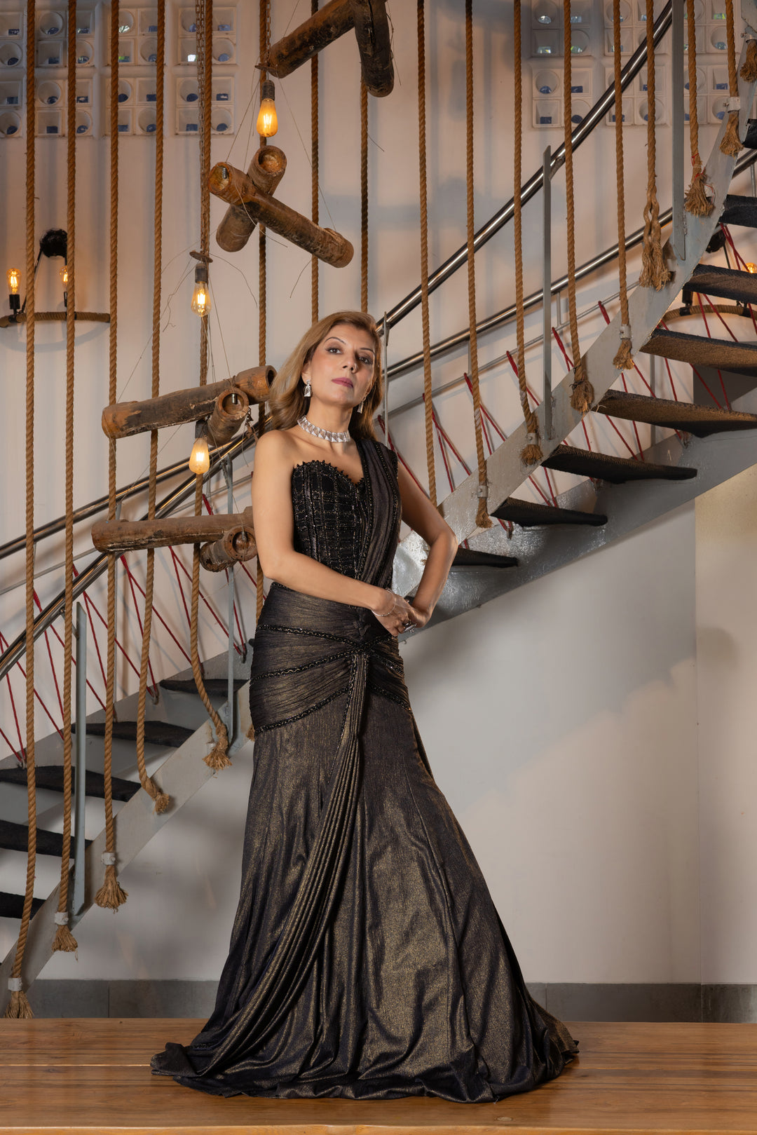 Black Metallic Designer Saree with Corset Blouse