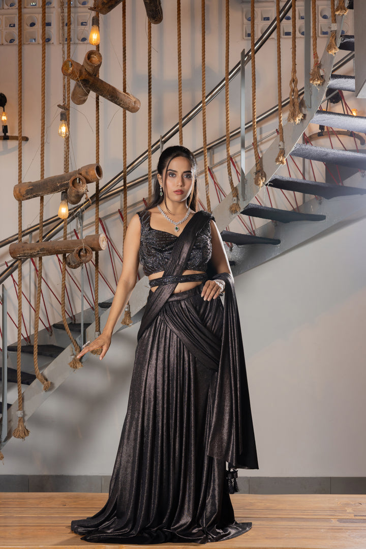 Midnight Black Shimmer Ready-to-Wear Draped Saree
