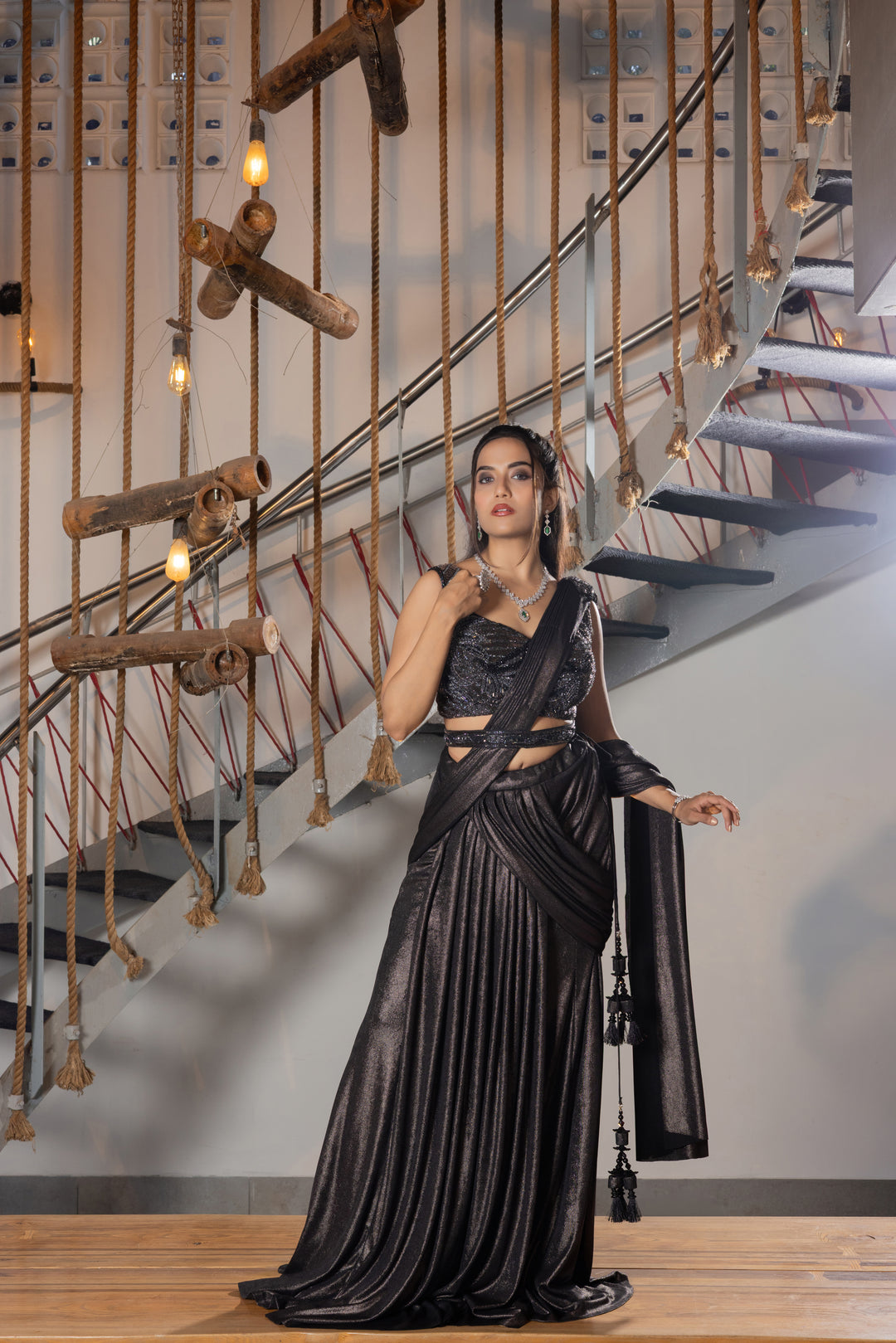 Midnight Black Shimmer Ready-to-Wear Draped Saree