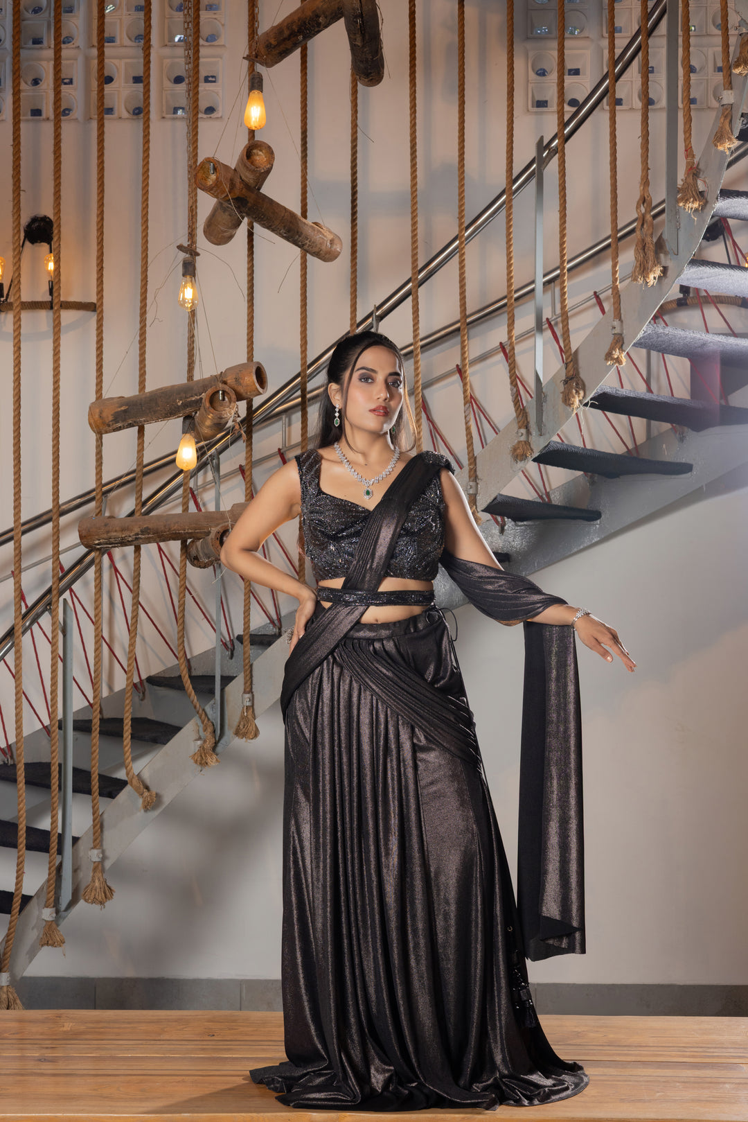 Midnight Black Shimmer Ready-to-Wear Draped Saree