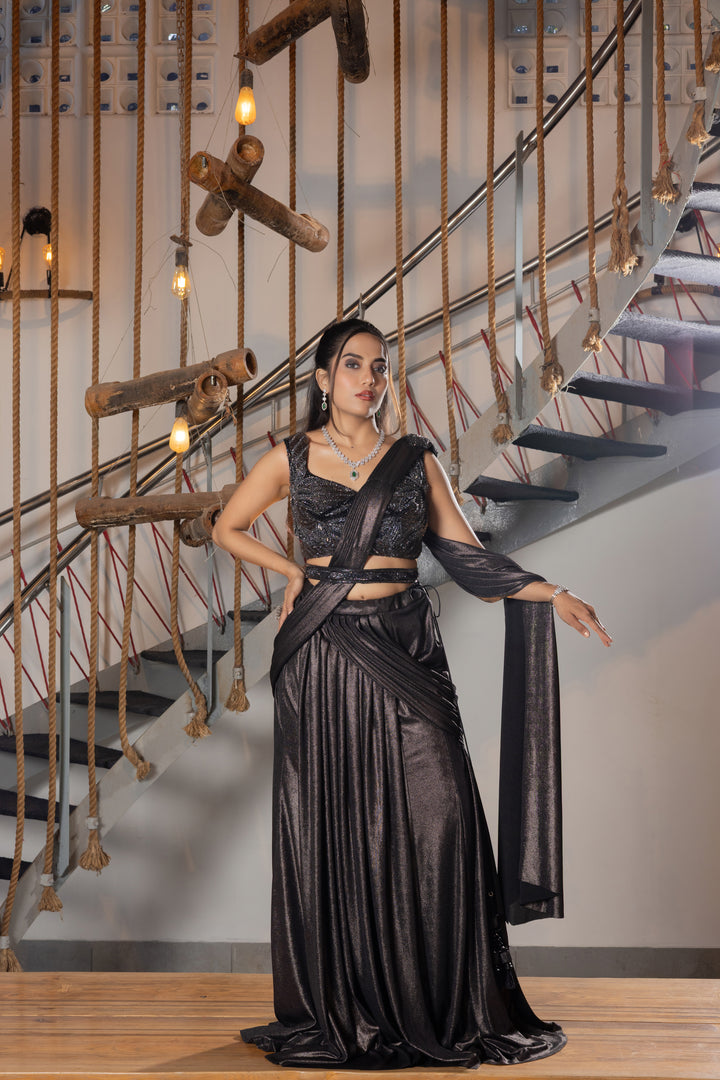 Midnight Black Shimmer Ready-to-Wear Draped Saree