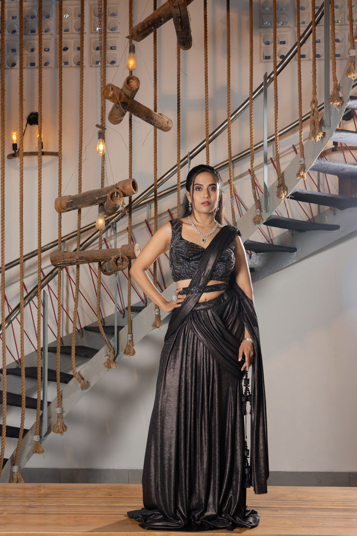 Midnight Black Shimmer Ready-to-Wear Draped Saree