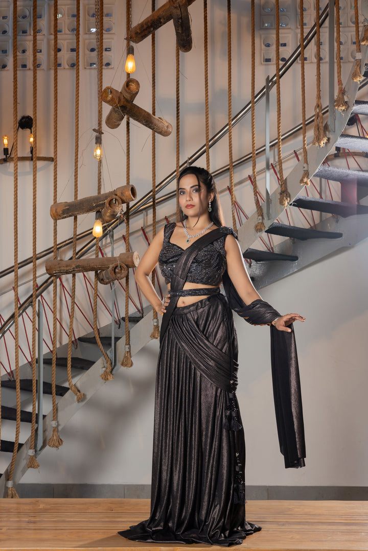 Midnight Black Shimmer Ready-to-Wear Draped Saree
