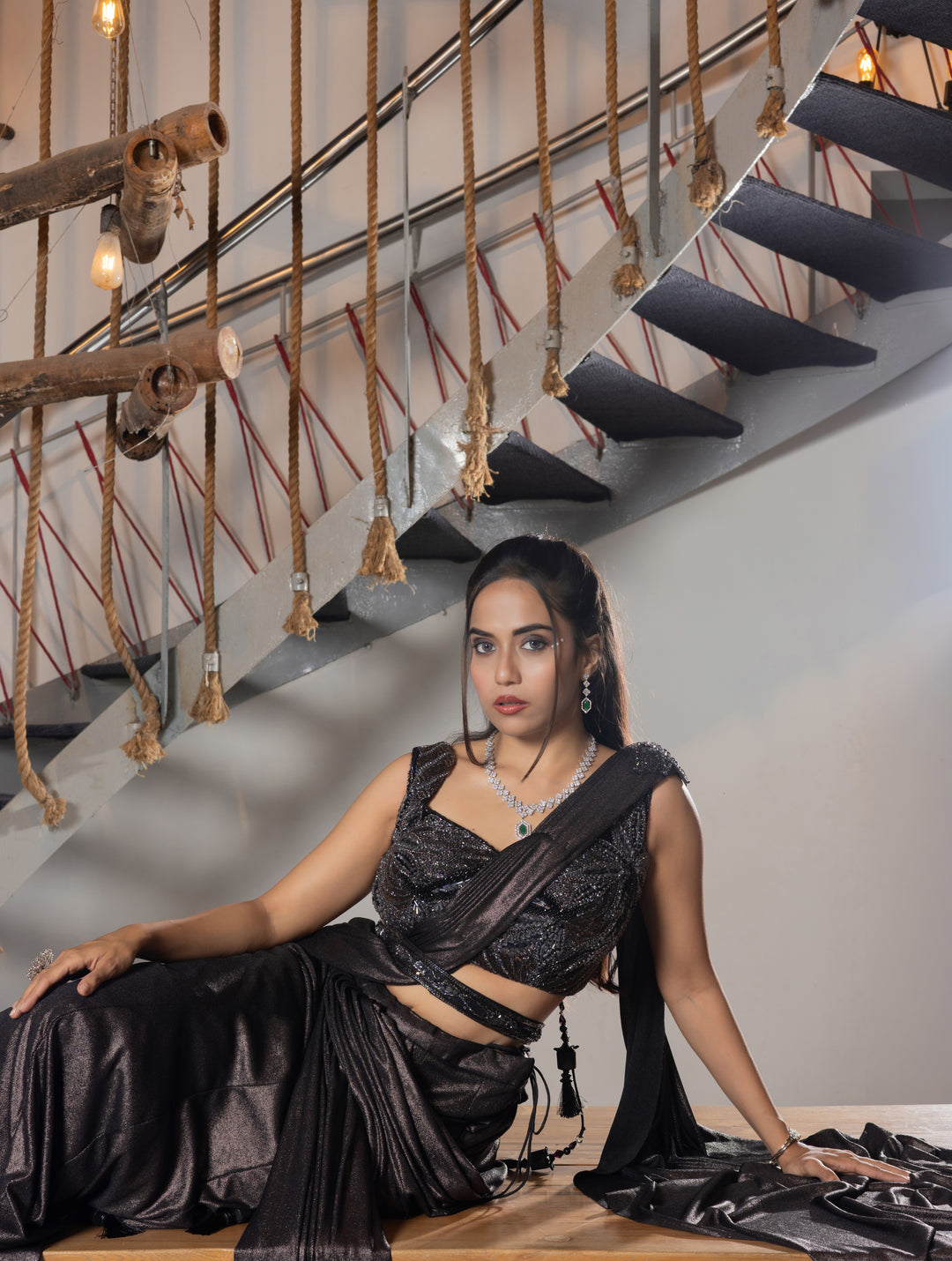 Midnight Black Shimmer Ready-to-Wear Draped Saree