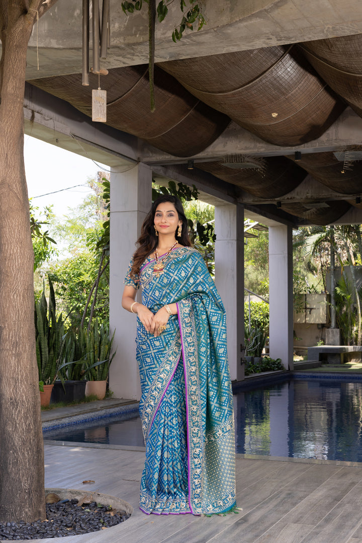 Teal Blue Banarasi Silk Saree with Traditional Zari Weaving & Elegant Border