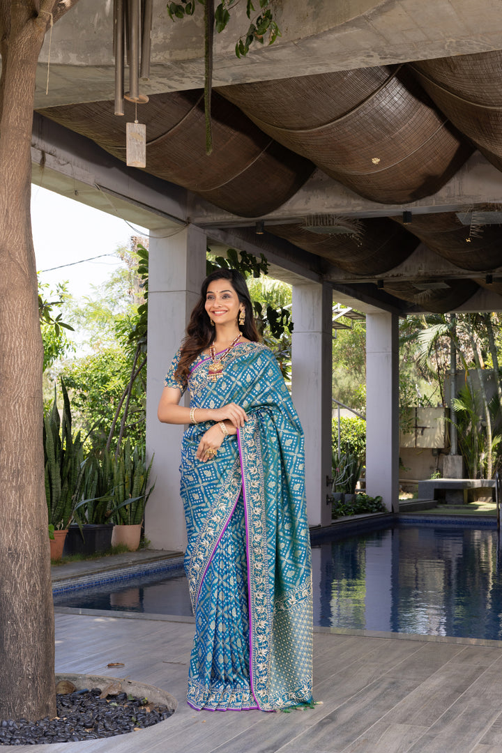 Teal Blue Banarasi Silk Saree with Traditional Zari Weaving & Elegant Border