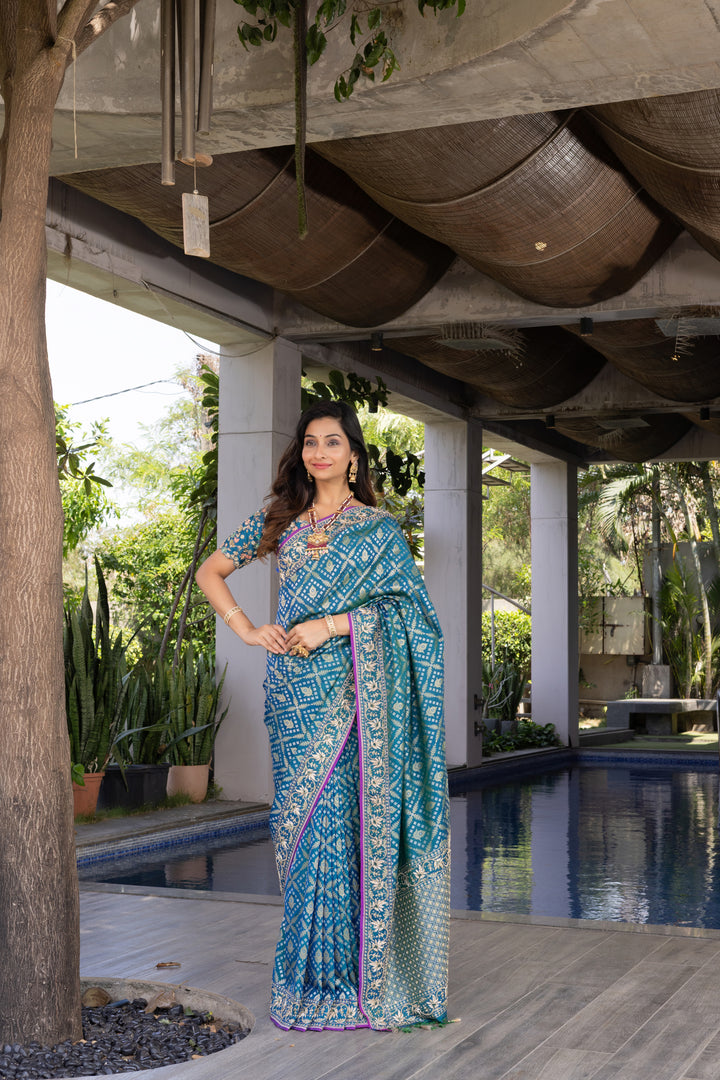 Teal Blue Banarasi Silk Saree with Traditional Zari Weaving & Elegant Border