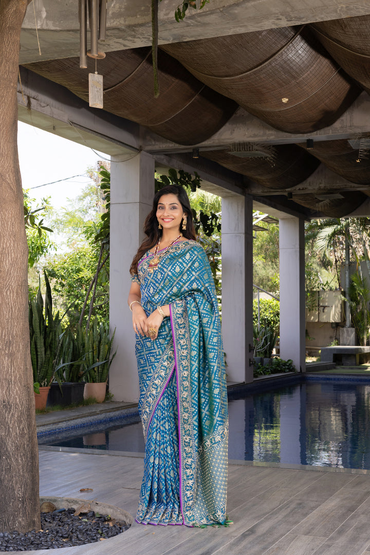Teal Blue Banarasi Silk Saree with Traditional Zari Weaving & Elegant Border