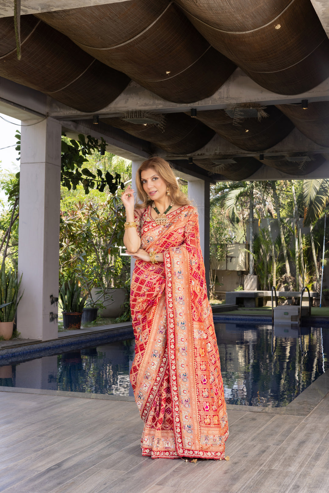 Rani Pink Banarasi Inspired Silk Saree with Ornamental Zari Border