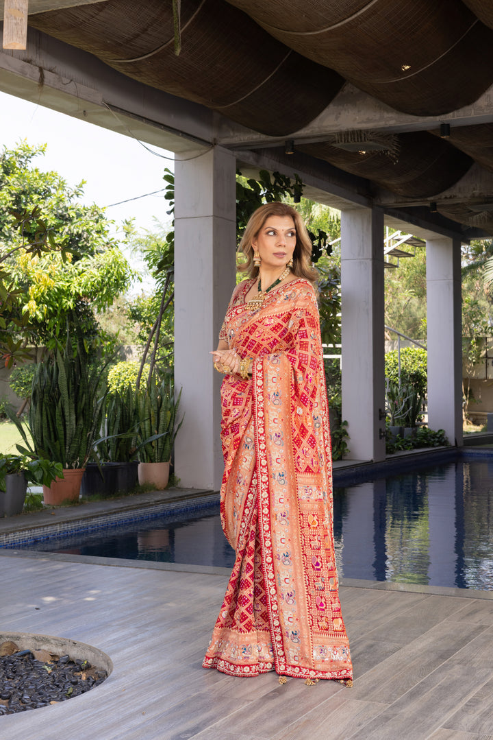 Rani Pink Banarasi Inspired Silk Saree with Ornamental Zari Border