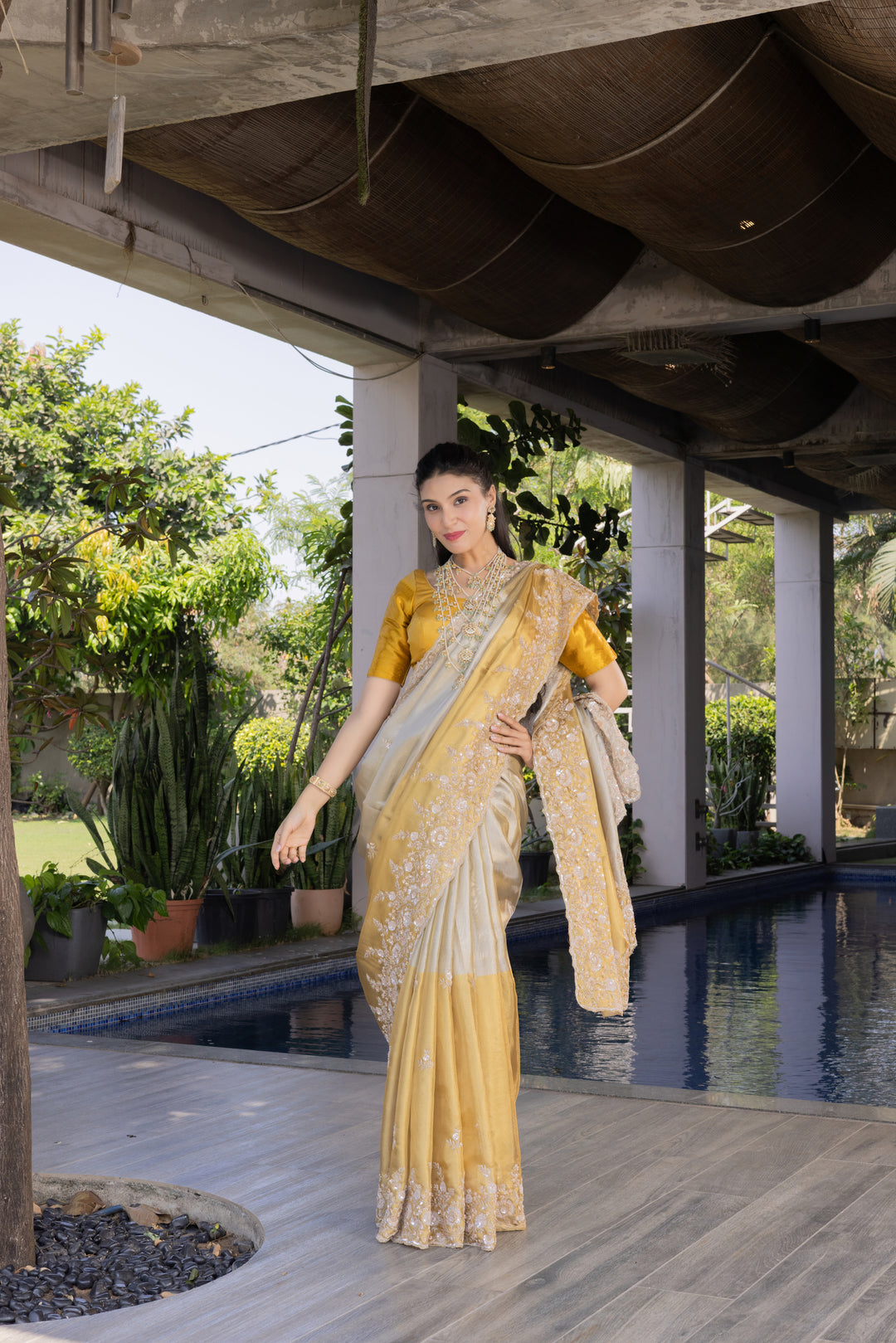 Champagne Gold Embroidered Designer Saree with Heavy Floral Border